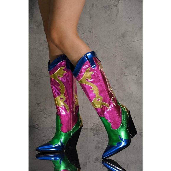 Women's Multicolor Metallic Mid Calf Western Pointed Toe Comfortable Heel Boots - Picture 2 of 6